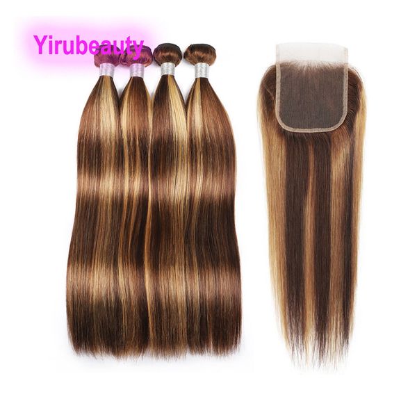 

brazilian human hair wefts with 4x4 lace closure p4/27 piano color silky straight body wave 4 bundles with closures part middle three part, Black;brown