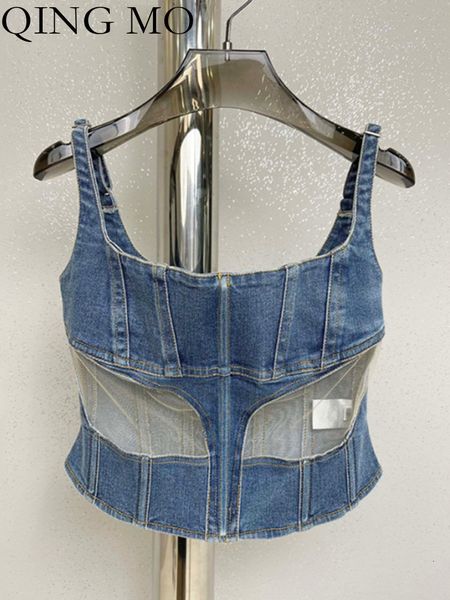 

women's tanks camis qing mo 2023 summer design mesh splicing fishbone denim bra vest short cami zx276 230317, White