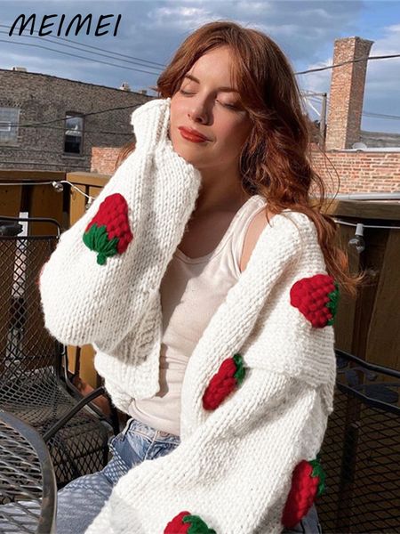 

women's knits tee sweet strawberry embroidery knitted cardigans single breasted v neck cute sweater ins style casual loose cardigan 230, White