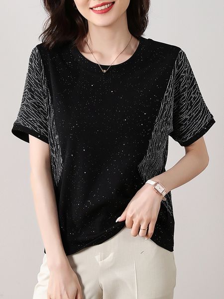 

women's t-shirt tuangbiang bright silk loose lurex short sleeves cotton t-shirts women o-neck summer -5xl tshirts black female simple, White