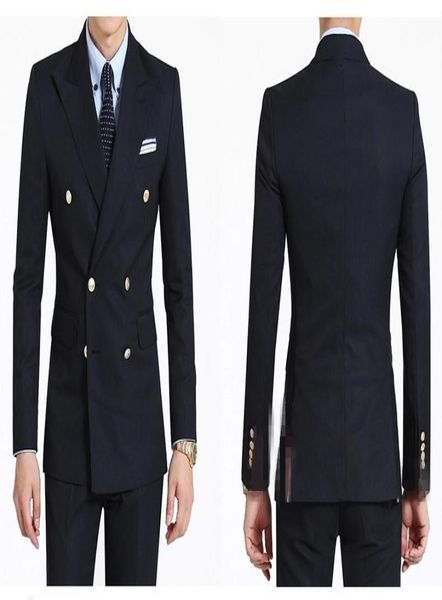

new arrivals double breasted navy blue groom tuxedos peak lapel groomsmen man blazer mens wedding suits jacketpantstie d6816253, Black;gray
