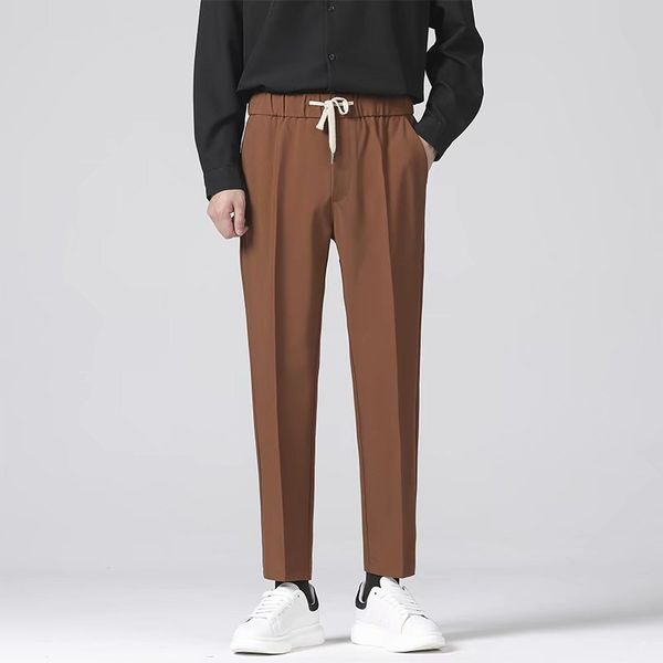 

men's pants korean autumn brown pants for men drawstring elastic waist ankle length casual business male nine points suit blazers trous, Black