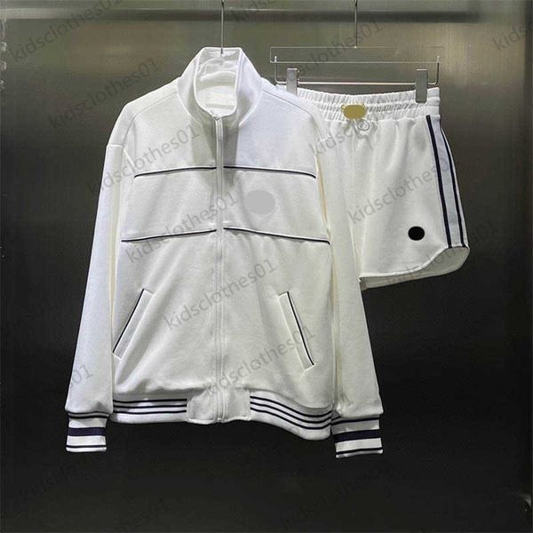 

two-piece womens two pieces pants striped trim stand collar long sleeve zipper jacket side webbing design elastic waist drawstring shorts de, White