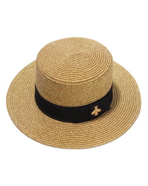 

fashion woven wide brimmed gold metal bee fashion wide straw cap parent child flat visor women straw hat stingy brim hats high2593596, Blue;gray