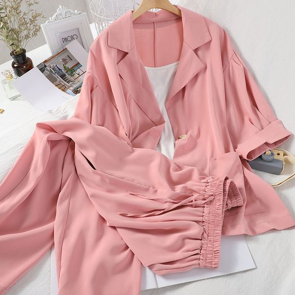 

women's suits blazers business suits ladies chiffon pant suits solid women office attire 3 piece suit summer loose notched blazer wide, White;black