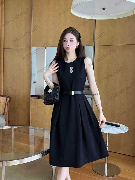 

black women dress front letters embroidery round neck sleeveless dress waist pleated design belt slim temperament maxiskit dresses for woman, Black;gray