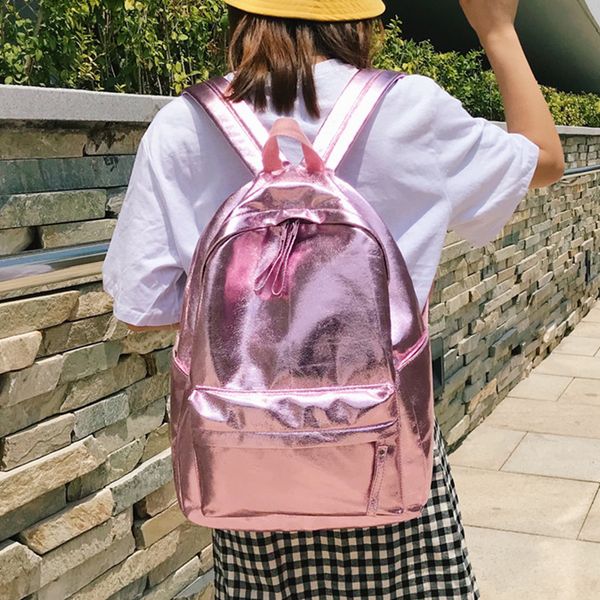 

school bags kpop shiny backpack big capacity casual girls bag lapbackpack sac pu leather travel rucksack female bags silve 230320