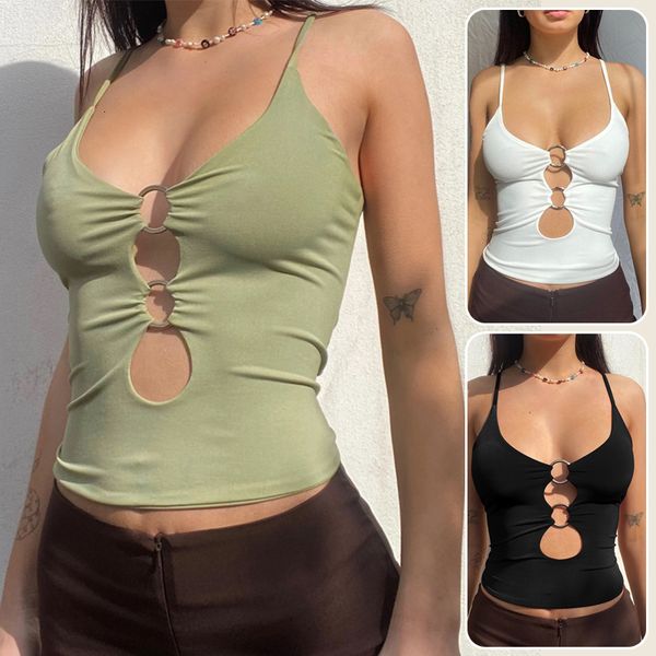 

women's tanks camis summer women y2k crop lowcut o ring keyhole cami vest spaghetti straps egirl fashion club party wear tank 230317, White