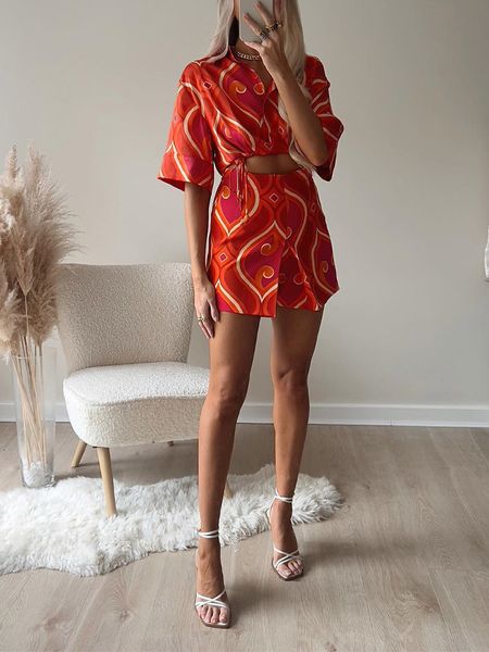 

womens two piece pants women bermuda printed blouses and shorts set turn down collar long sleeve high waist 2pcs summer outfits 230320, White