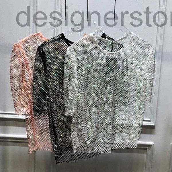 

designer women's t-shirt bling gemstones women hollow out mesh t shirts luxury rhinestones tshirtwomen's pezj, White