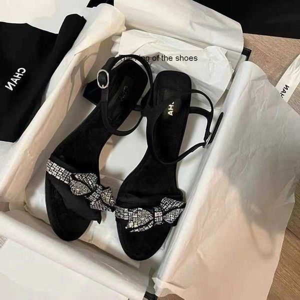 

designer sandals channel slides shoes high version small fragrant geomantic diamond bowknot one line band sandals women new open toe thick h, Black