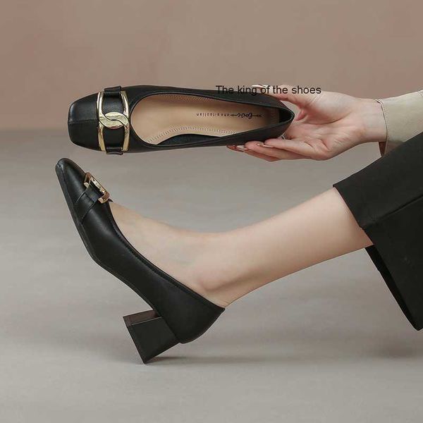 

dress shoes small fragrant thick heel square head single shoes spring 2022 temperament metal buckle black shallow mouth soft sole leather