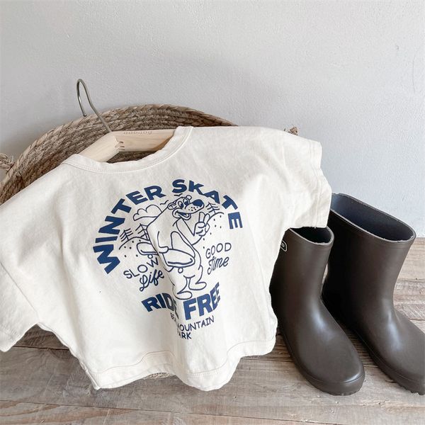 

t shirts 1865b summer children shirt korean hemp cotton girl s short sleeve letter cartoon boys bottoming ops 230317, Blue