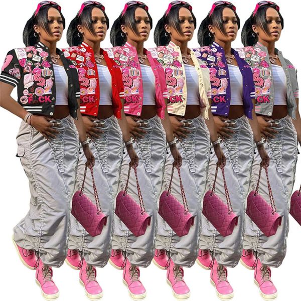 

2023 designer brand summer baseball uniform jackets women short sleeve coat casual patchwork romber jacket fashion print outerwear wholesal, Black;brown