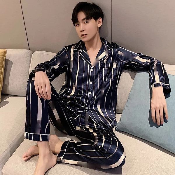 

men's sleepwear men comfortable pyjamas plus size 3xl 4xl 5xl long sleeve casual home wear autumn silk boy pajama sets leisure sleepwea, Black;brown