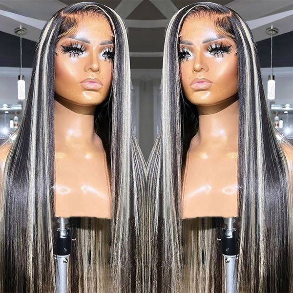 

Straight Colored Lace Front Human Hair Wig Silver Grey And Black Highlight Wig Synthetic Lace Frontal Wigs for Women, P2