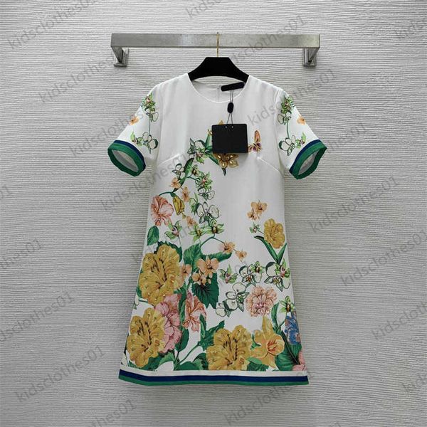 

round neck dress colorful floral print stitching cuffs slim short sleeve dress luxury drill decoration corset waist a-line maxiskit dress wo, Black;gray