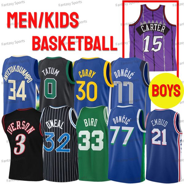 

retro iverson jersey giannis 30 curry luka bird 32 shaq oneal carter 34 giannis james harden throwback white blue stitched kids boys mens ba, Black;red