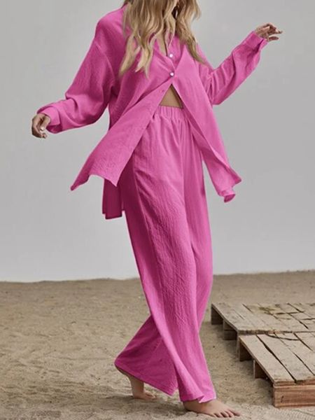 

womens two piece pants cotton linen long sleeved temperament suit single breasted slit shirt wide leg pants lady 2pc set summer loose outfit, White