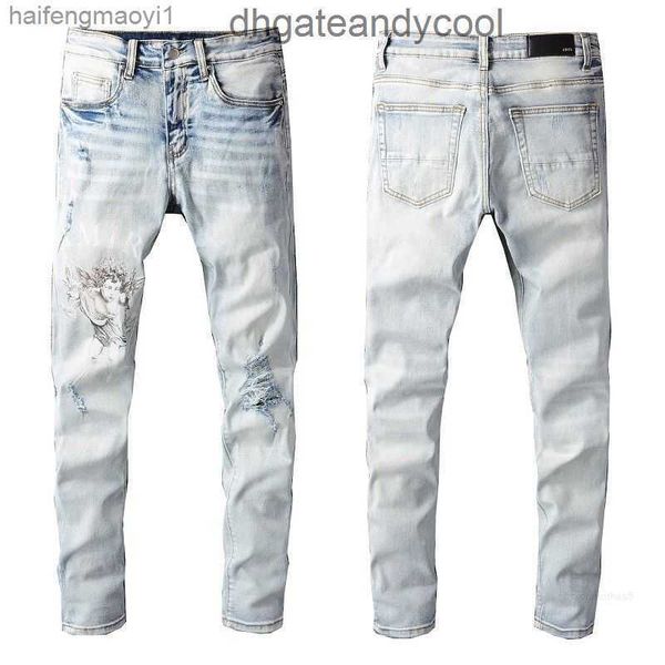 

denim jeans designer pants man fall fashion brand am men's black perforated embroidery patch elastic slim leggings ek8z, Blue