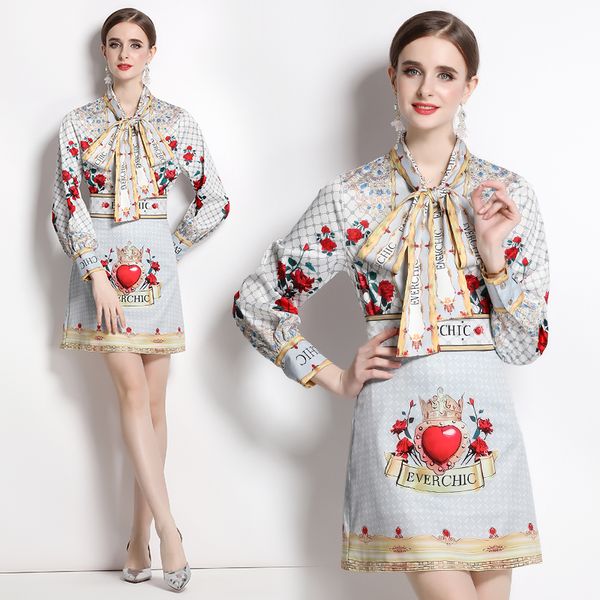 

2023 floral 2 piece dress women designer set long sleeve bow tie neck shirt and slim fit stylish mini skirts holiday party suits office lady, White