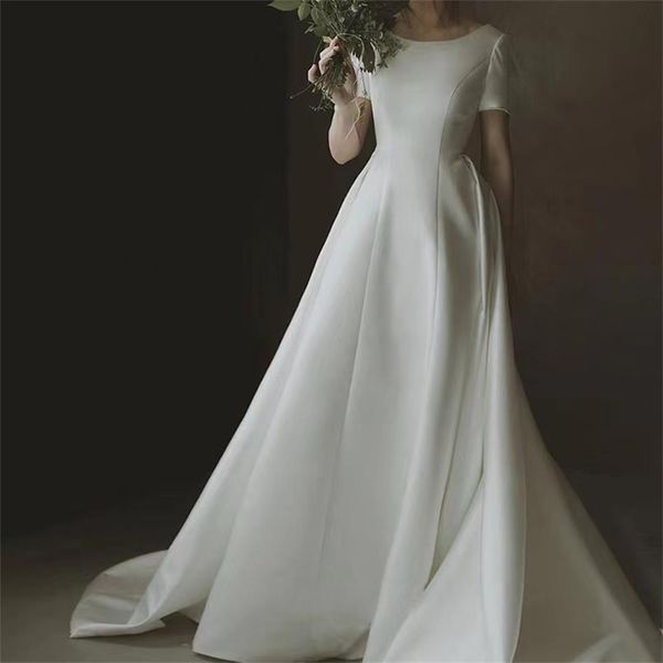 

french wedding dress satin light luxury open backfn4276, White