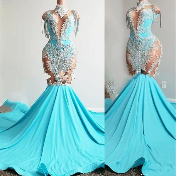 

2023 turquoise prom dresses mermaid illusion sparkly silver lace appliques sleeveless formal party dress plus size evening gowns black girls