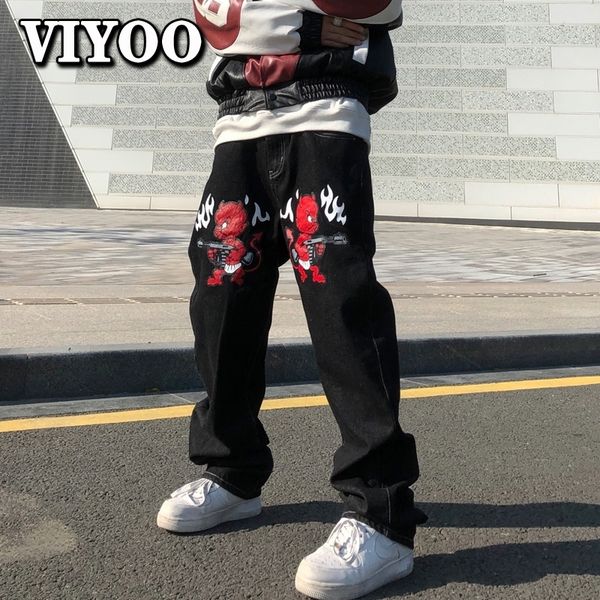 

mens jeans devil printed high street vintage y2k clothes black baggy straight trousers streetwear wide leg pants men 230317, Blue