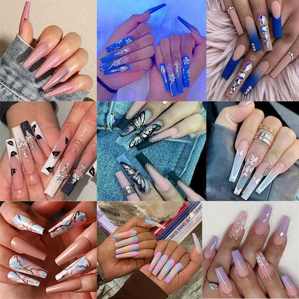 

false nails spicy girl enhancement wearing long finished 230320, Red;gold