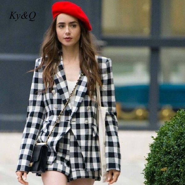 

womens two piece pants emily in paris same classic black white plaid blazer woman high waist shorts elegant tweed fashion suit coat short pa
