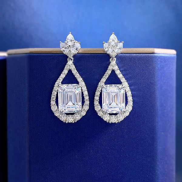 

flower emerald cut diamond dangle earring 100% real 925 sterling silver wedding drop earrings for women engagement jewelry gift, Golden;silver