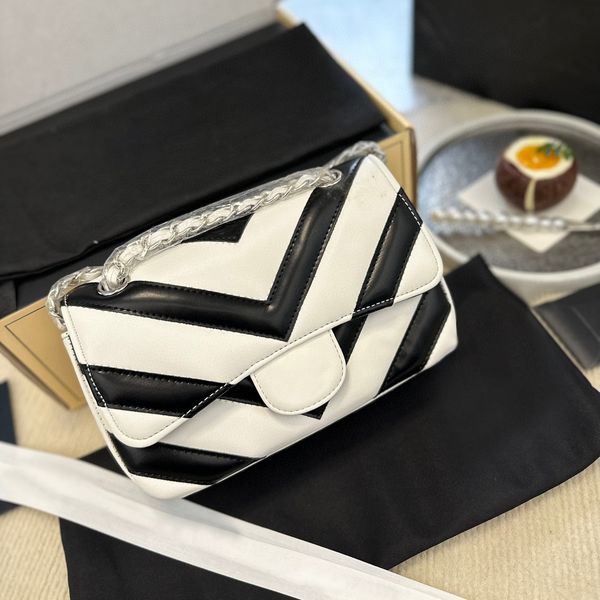 

designer bag women channel panda handbag black white stripes chain crossbody purse silver hardware
