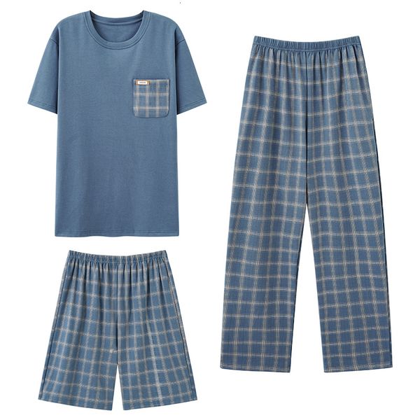 

men's sleepwear short pantslong pants 3pc/set men cotton pajamas sets summer casual tracksuit pyjamas male big yards l-xxxxl pijama hom, Black;brown