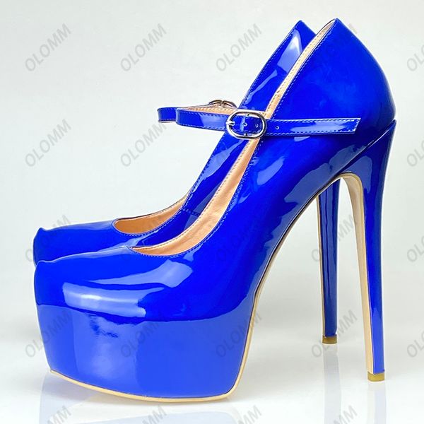 

olomm handmade women shiny pumps buckle strap stiletto heels round toe gorgeous red yellow blue purple party shoes us size 5-20, Black