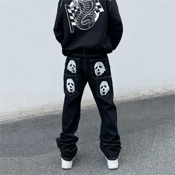 

men's jeans y2k retro embroidered denim trousers high street wide leg pants loose casual letter patch jeans 230320, Blue