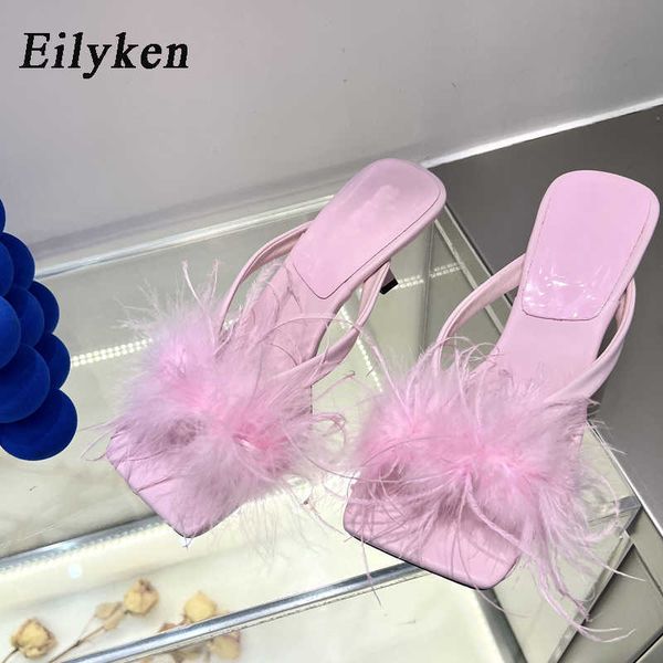 

sandals mode candy roze veer vrouwen slippers zomer vierkante neus lage hakken casual strand vakantie jurk schoenen slide sandalen 230320, Black