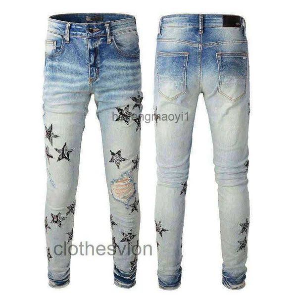 

jeans man amri designer leggings fashion leisure high-end fashion brand mens blue washed jeans slim fitting star stickers cloth em ozq