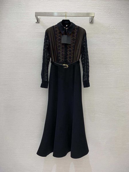 

designer long dresses shirts water-soluble lace stitching buckle placket lapel shows thin wrap buttocks fishtail dress brand logo clothes, Black;gray