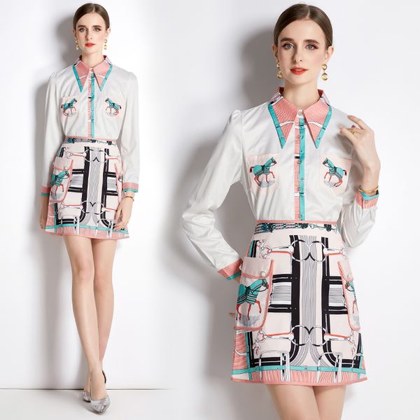 

2023 women two piece white dress designer graceful set spring autumn long sleeve print shirt and mini skirts party 2 piece dress sets casual