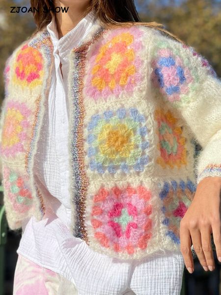

women's knits tees boho colored plaid flower hand crochet cardigan vintage woman o neck long sleeve open stitching sweater knitwear jum, White