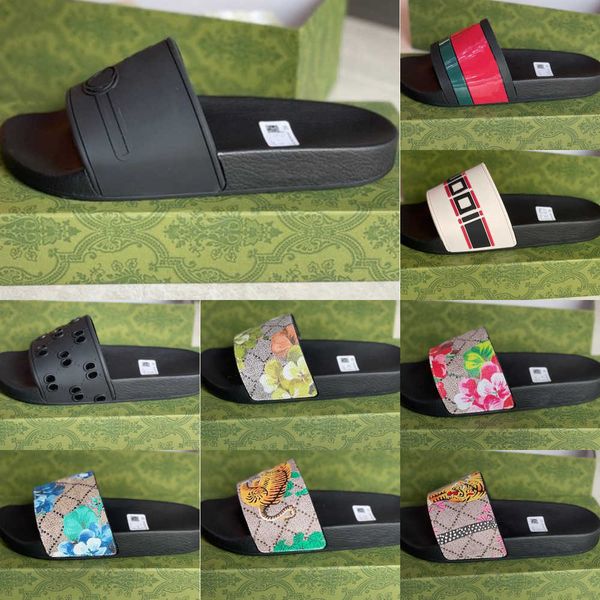 

designer rubber slide sandal floral brocade men slipper gear bottoms flip flops women striped beach causal slipper with box no311, Black