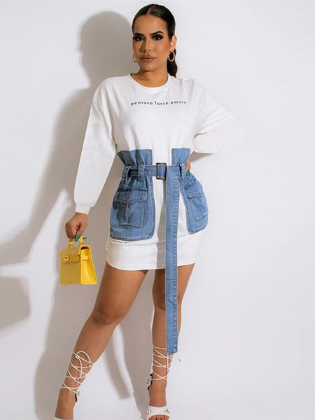 

womens two piece pants women full sleeve jean patchwork short dresses female autumn casual bodycon denim sweatshirt fashion streetwear 23032, White