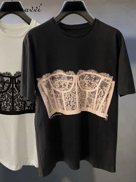 

women's t-shirt summer round neck short sleeve for ladies fashion all-match three-dimensional lace printed t-shirt female 230320, White