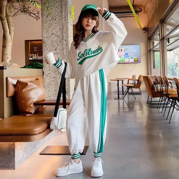 

clothing sets contrast girls v neck sweatshirt sweatpant school kids tracksuit students jogging suit children 2 pieces outfits 3 16 years 23, White