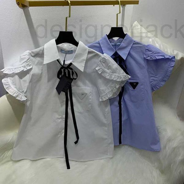 

women's blouses & shirts designer fashion triangle label black fungus lace panel white shirt 23 summer new small design cotton short sl