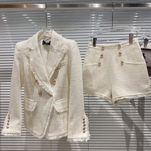 

womens two piece pants fall winter turn down collar double breasted metal buttons slim blazer tweed shorts set women gc658 230320, White