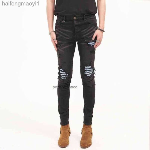 

designer men jeans ch high street tide brand washing water used black hole blue cashew flower paste cloth slim fit small leg hyv
