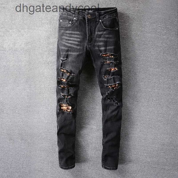 

denim jeans designer pants man new us casual hip hop high street worn out and worn washed splash ink color painting slim fit jeans xojd, Blue