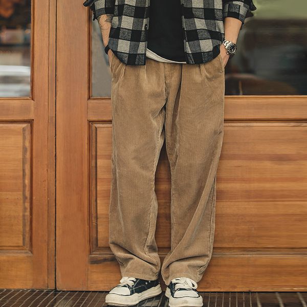 

men's pants maden japanese retro loose corduroy wide leg mid waist striped velvet straight trousers winter casual cargo 230317, Black
