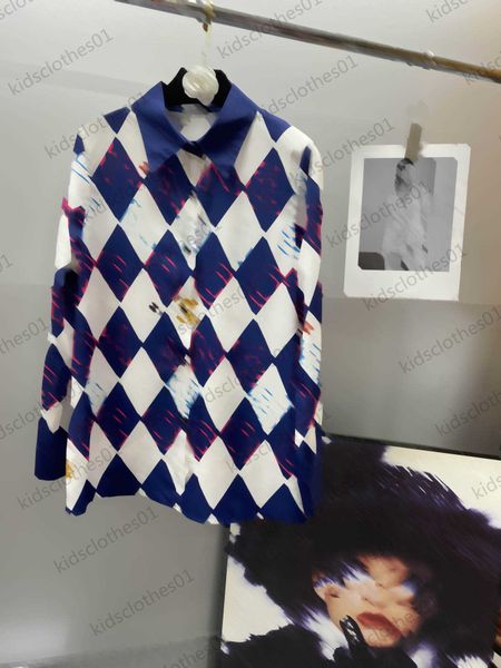 

womens blouses classic checkerboard contrasting color decorative lapel long sleeves shirts real silk crepe de chine luxury brand casual joke, White